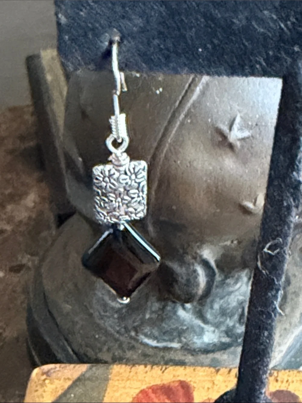 Black onyx pierced Earrings sterling silver wires diamond shaped onyx delicate